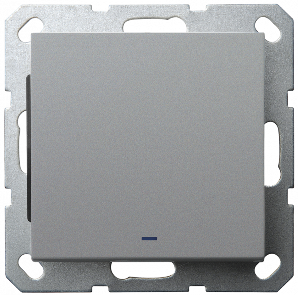 Выключатель одноклавишный проходной со светодиодом 10A 250V~ с накладкой, цвет Алюминий