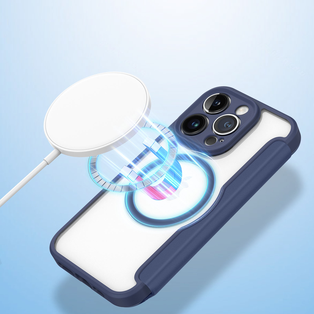 Прозрачный чехол книжка синего цвета с поддержкой MagSafe от Dux Ducis для iPhone 14 Pro, серия Skin X Pro Series Case