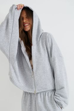 Укороченное худи на молнии цвета серый меланж