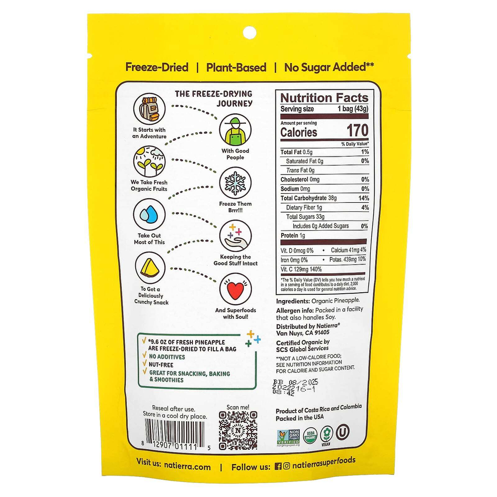 Natierra, органический сублимированный ананас, 43 г (1,5 унции)