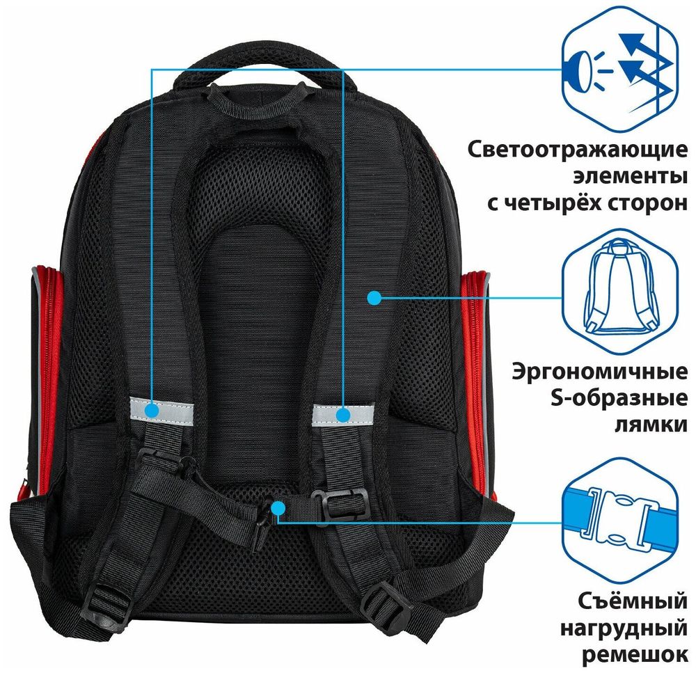 Рюкзак BRAUBERG CLASSIC, легкий каркас, премиум материал, "Motorbike", черный, 270583