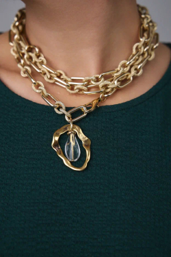 Цепь-трансформер длинная: овальные и рифленые золотые кольца, с горным хрусталем