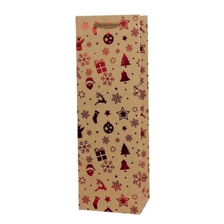 Пакет подарочный для вина, Крафт, Новогодний, Дизайн №2, Металлик, 36*12*9 см.