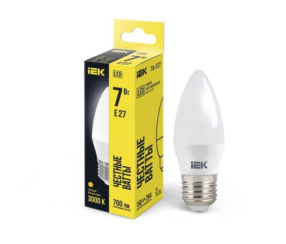 Лампа светодиодная C35 7Вт свеча 3000К E27 230В IEK LLE-C35-7-230-30-E27
