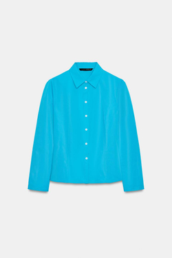 ZARA ПРИТАЛЕННАЯ РУБАШКА ИЗ ТАФТЫ, СИНИЙ ЭЛЕКТРИК