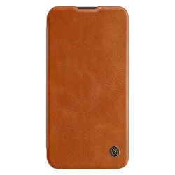 Кожаный чехол книжка коричневого цвета от Nillkin для Samsung Galaxy S22, серия Qin Pro Leather с защитной шторкой для камеры