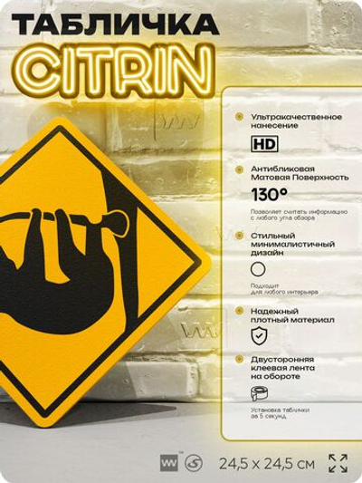 Табличка прикольная "Осторожно, ленивец" на дверь и стену, информационная и предупреждающая, декоративный знак, 24,5х24,5 см, пластиковая, Айдентика Технолоджи