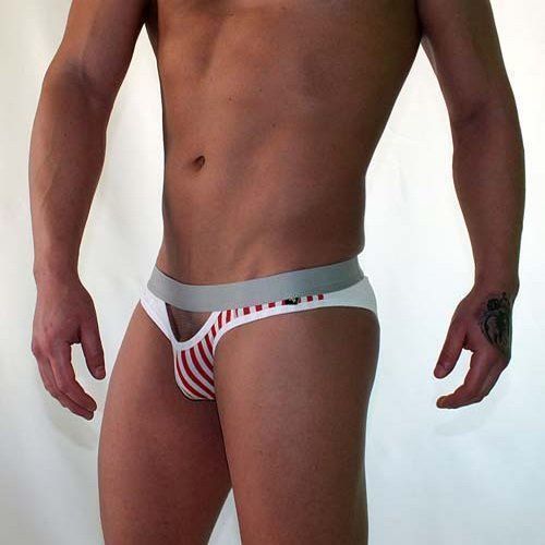 Трусы мужские брифы белые с красными полосами и с вырезами спереди и сзади Van Baam 38153
