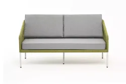 "Канны" диван 2-местный плетеный из роупа, каркас алюминий светло-серый (RAL7035) муар, роуп салатовый меланж круглый, ткань светло-серая