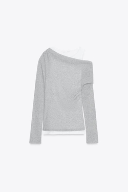 ZARA АСИММЕТРИЧНАЯ ФУТБОЛКА С ЭФФЕКТОМ ДВОЙНОГО СЛОЯ, СЕРЫЙ МЕЛАНЖ