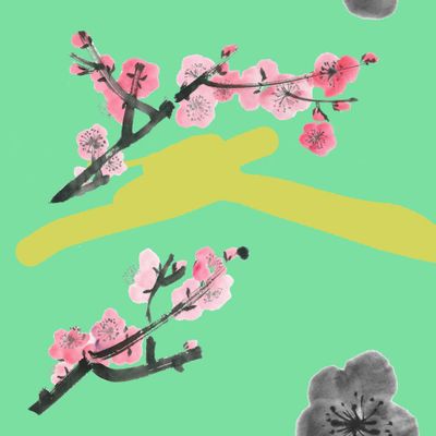 Японский взрыв цветов на зеленом фоне