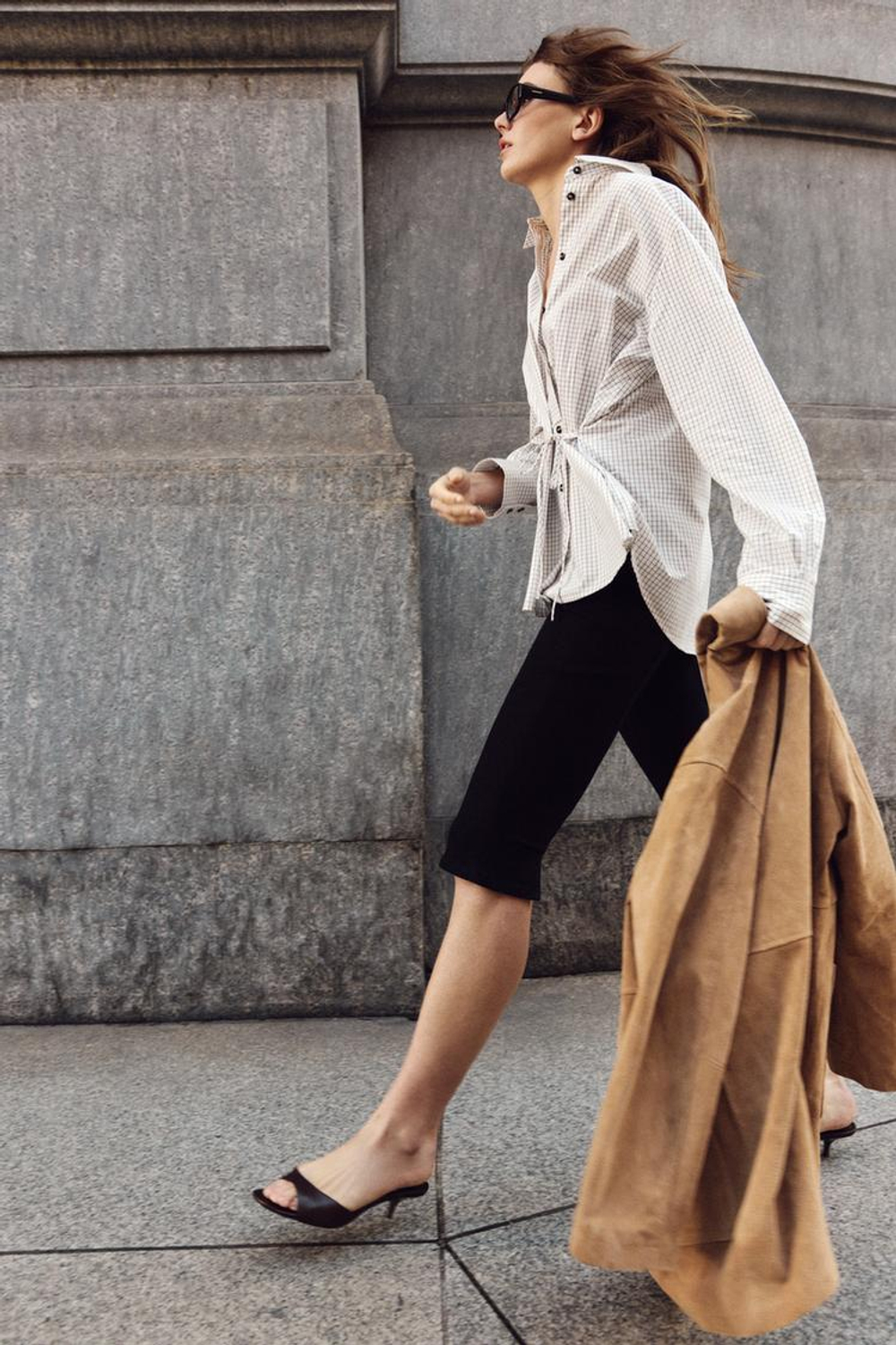 ZARA РУБАШКА В КЛЕТКУ С БАНТОМ, КОРИЧНЕВЫЙ/БЕЛЫЙ