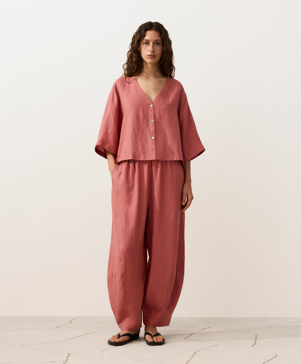 Oysho Рубашка с коротким рукавом из 100% льна, коралловый