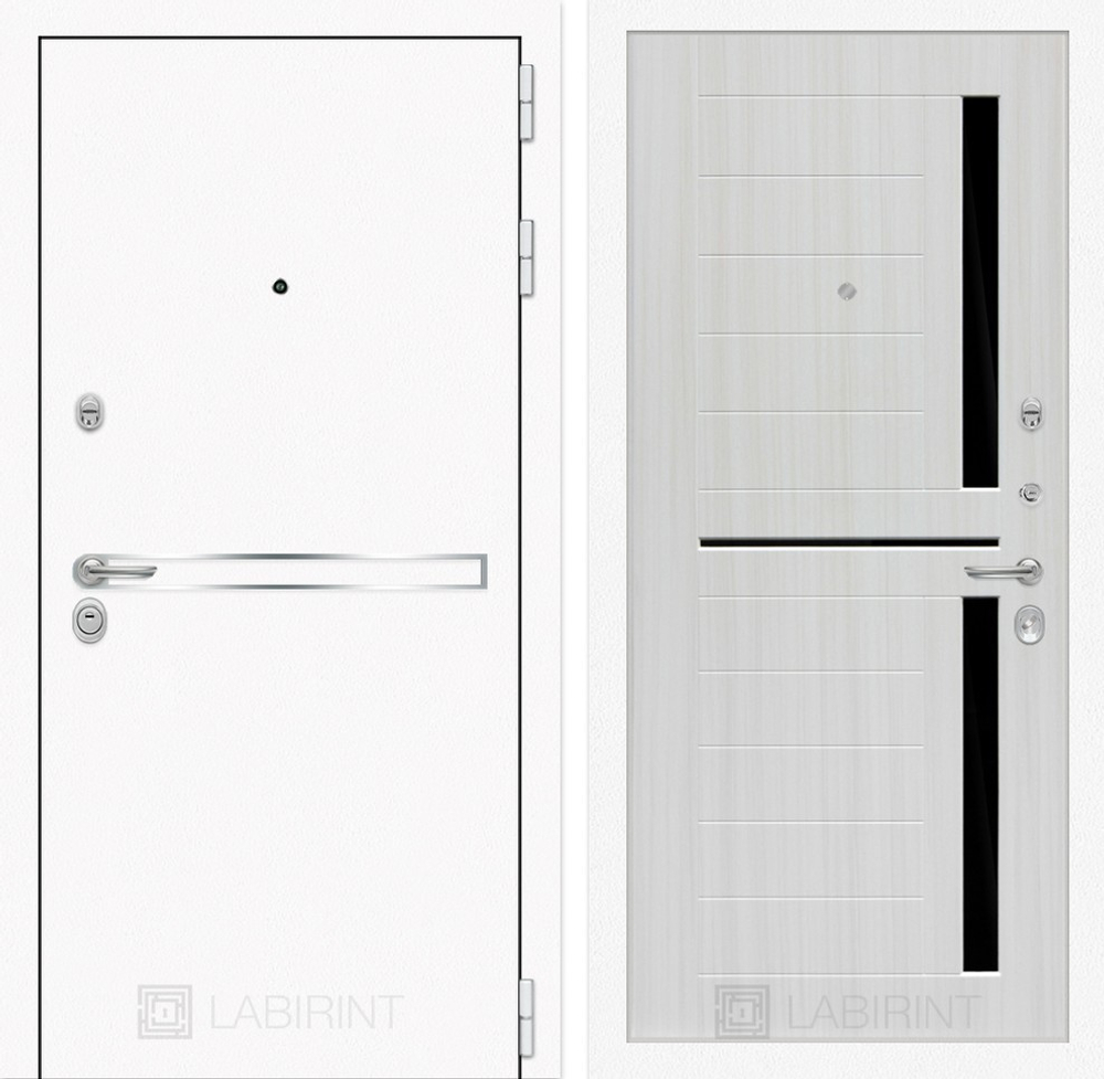 Входная металлическая дверь Лабиринт Лайн WHITE 02 (Белые входные двери) - Сандал белый черные стекла