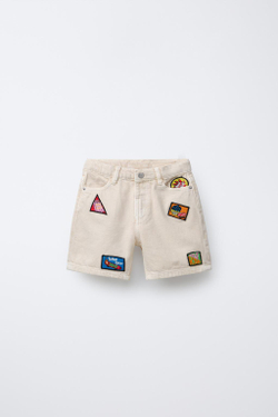 ZARA ШОРТЫ-БЕРМУДЫ ИЗ ТВИЛА С НАШИВКАМИ, ЭКРЮ