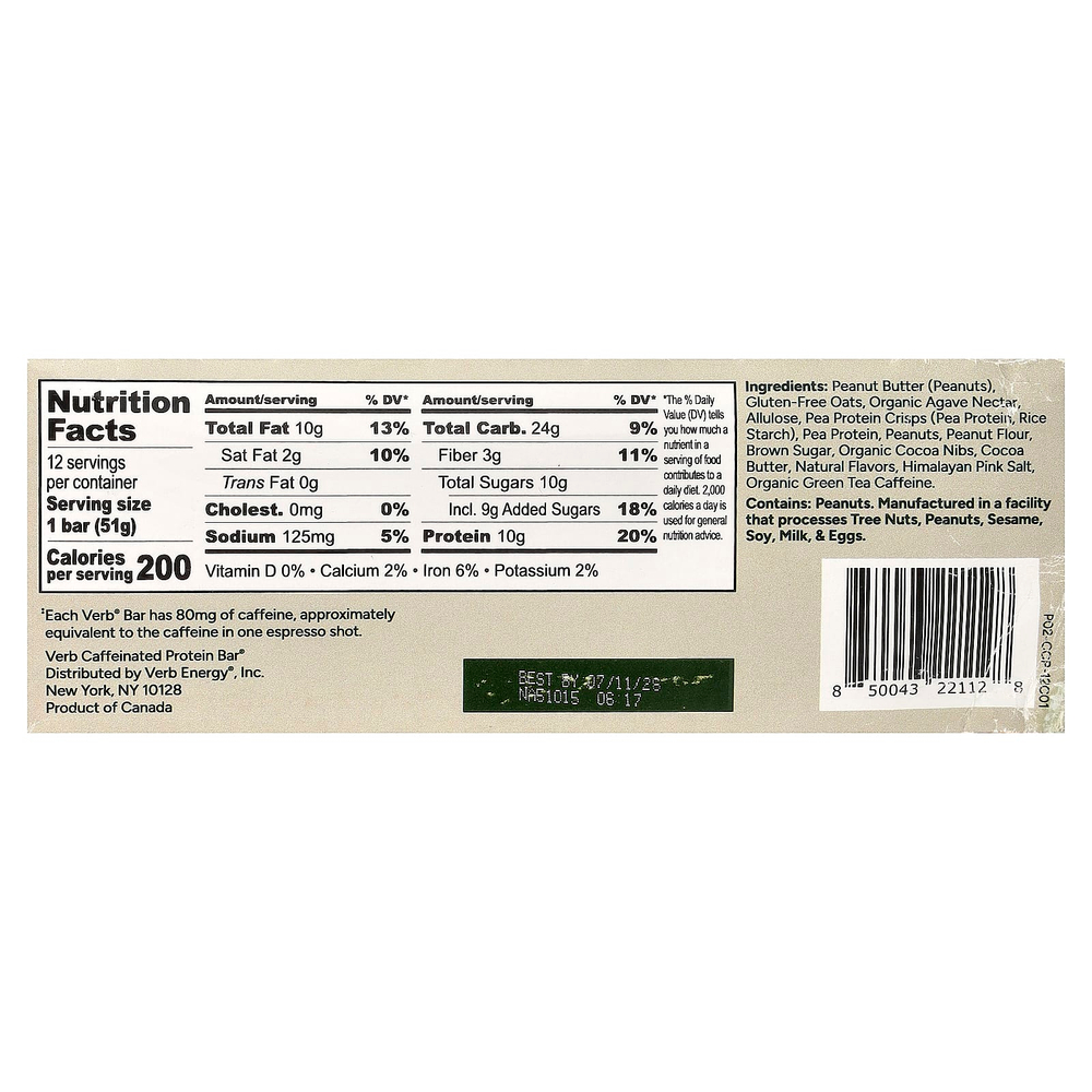 Verb Energy, Caffeinated Protein Bar, Chocolate Chip Peanut Butter, 12 Bars, 1.8 oz (51 g) Each