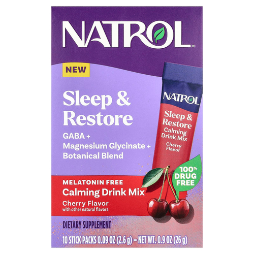 Natrol, Sleep & Restore, успокаивающая смесь для напитков, без мелатонина, вишня, 10 пакетиков по 2,6 г (0,09 унции)