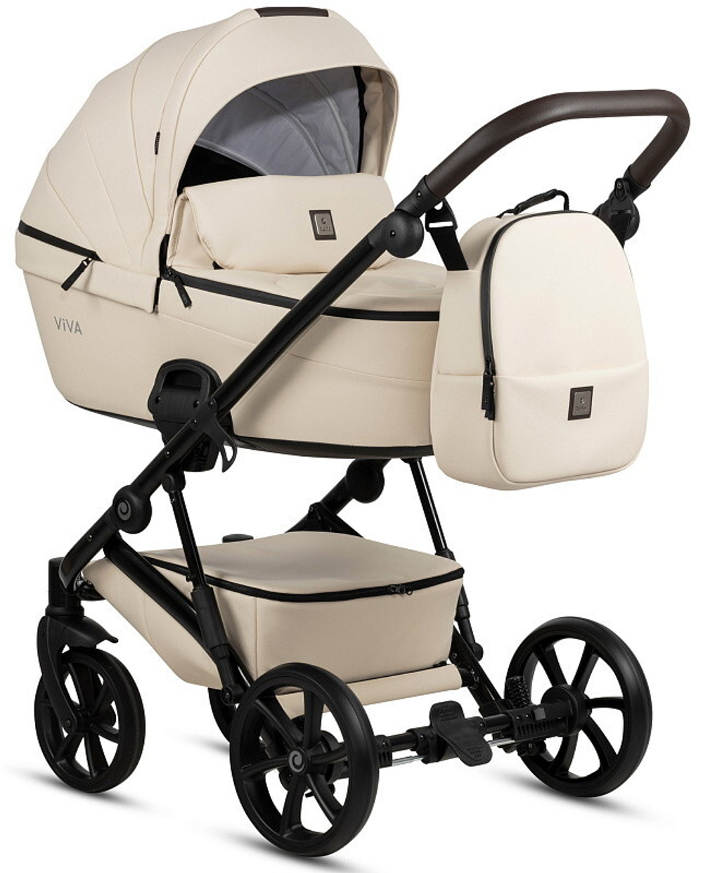 Детская коляска Tutis Viva 5 Plus Leather 2024 3 в 1 с автокреслом Elo Lux EduSky Grey 1452086 Vanilla