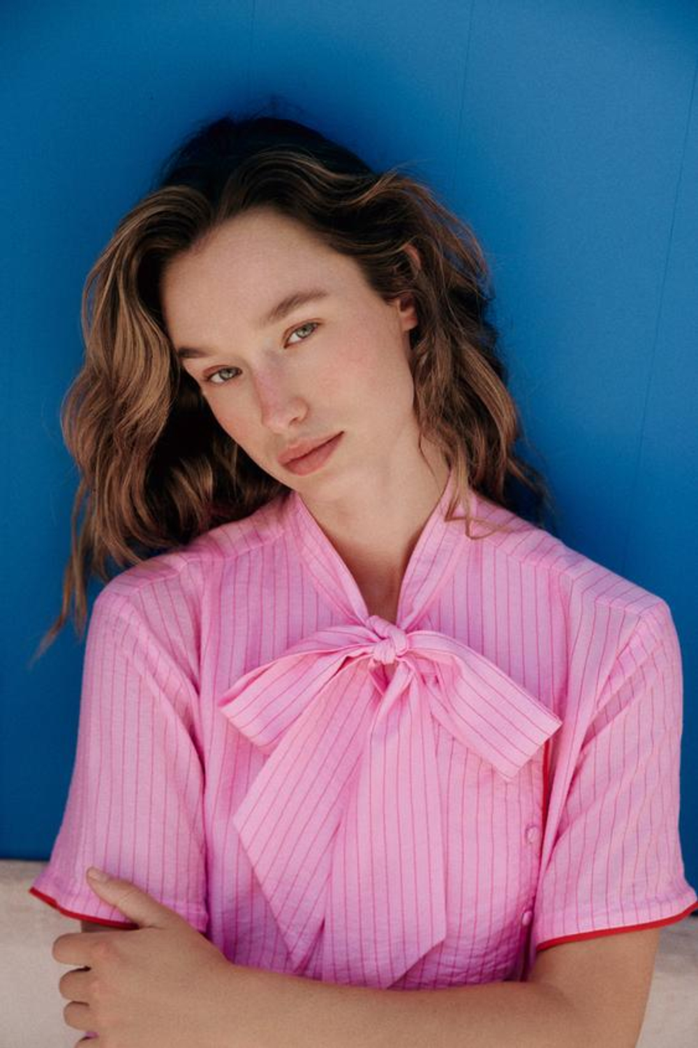 ZARA ТОП В ПОЛОСКУ С БАНТОМ, РОЗОВЫЙ