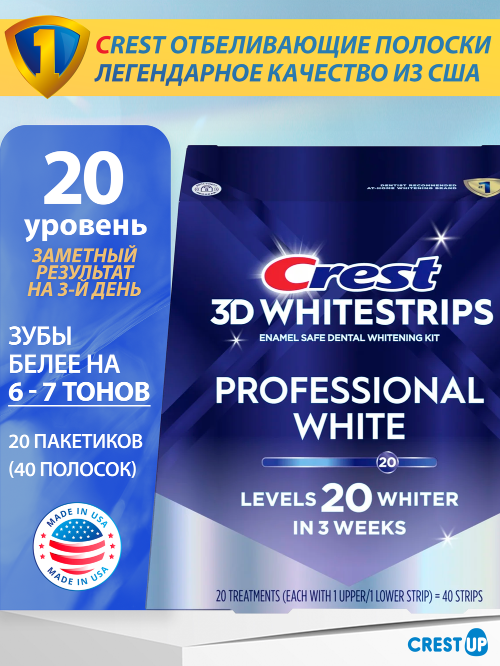Отбеливающие полоски для зубов Crest 3D Whitestrips Professional White (Effects), полный курс 20 дней