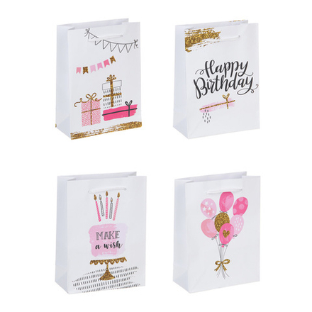 Пакет подарочный бумажный, 16x12x5,5 см, 128 гр, 4 дизайна, Happy Birthday