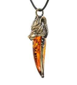 AM-1724 Подвеска «Клык волка» (латунь, янтарь)