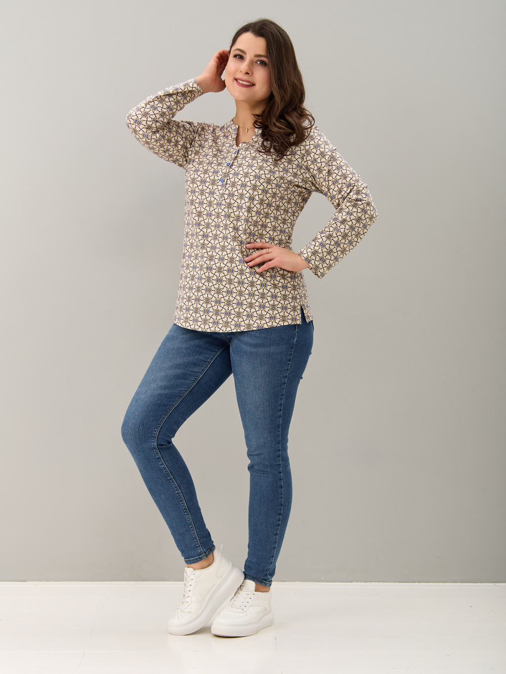 Блузка БЛ-22/экрю-орнаментголубой