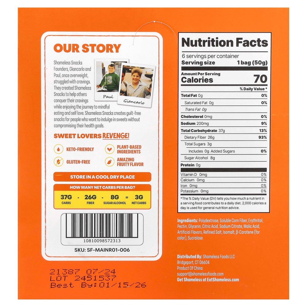 Shameless Snacks, жевательные конфеты, со вкусом чили и манго, 6 пакетиков по 50 г (1,8 унции)