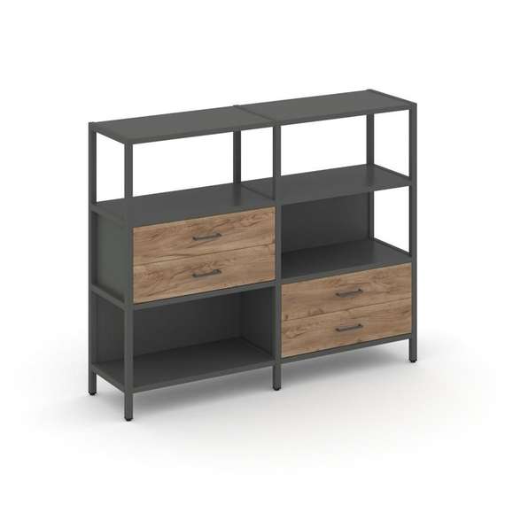 Shelf System Двухсекционный стеллаж трехярусный с ящиками SN.STM-323 Антрацит/Дуб Табак/Металл Антра