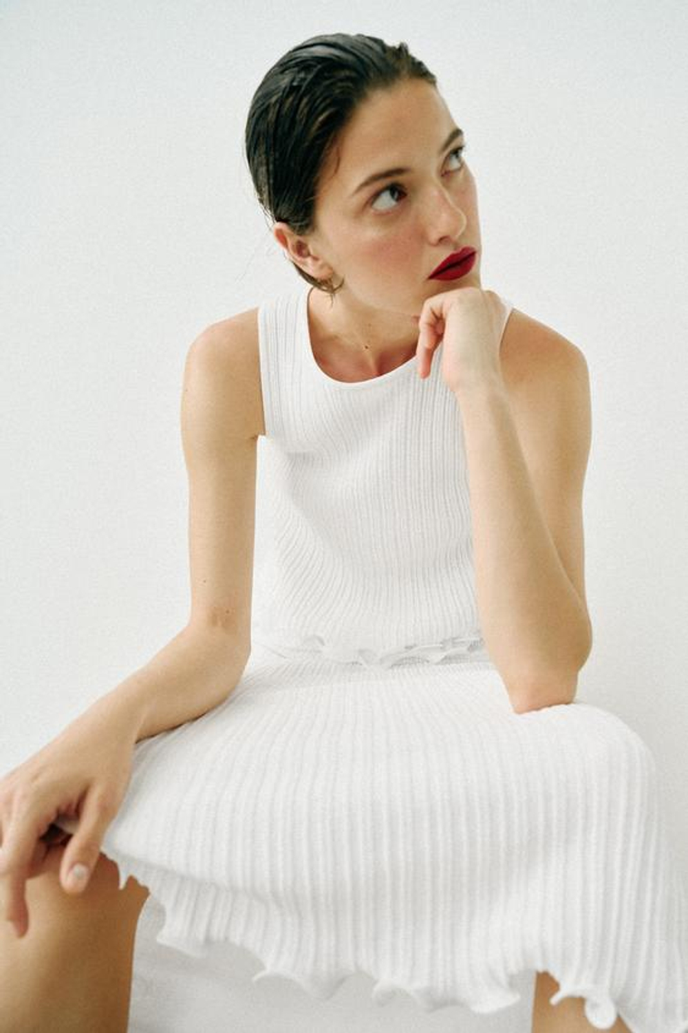 ZARA ДВУХСЛОЙНАЯ ТРИКОТАЖНАЯ ЮБКА МИДИ, БЕЛЫЙ