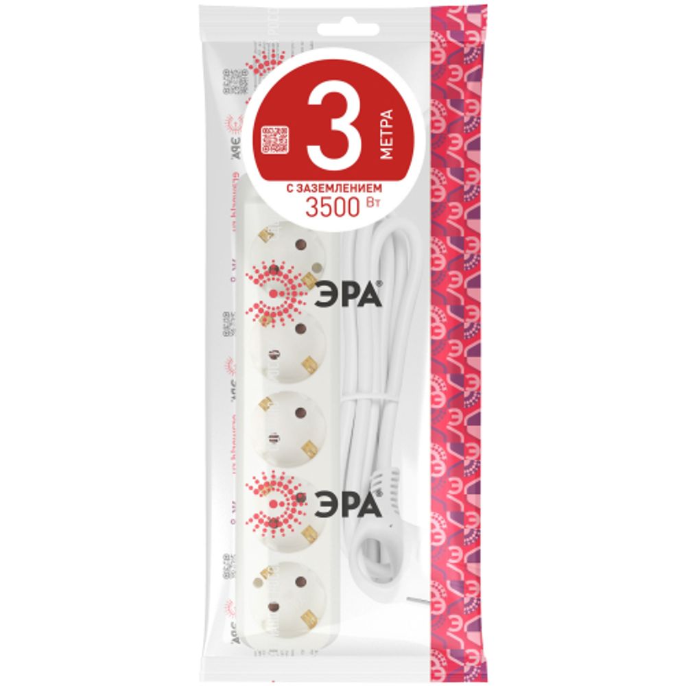 Удлинитель электрический ЭРА U-5e-3m-3x1 с заземлением 5 розеток 3м ПВС 3x1мм2 16А | Бытовые удлинители