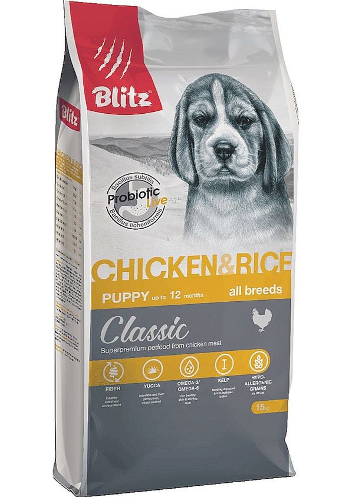 Сухой корм Blitz Classic Chicken & Rice Puppy All Breeds для щенков всех пород с курицей и рисом, пакет 15 кг Сухой корм Blitz Classic Chicken & Rice Puppy All Breeds для щенков всех пород с курицей и рисом, пакет 15 кг