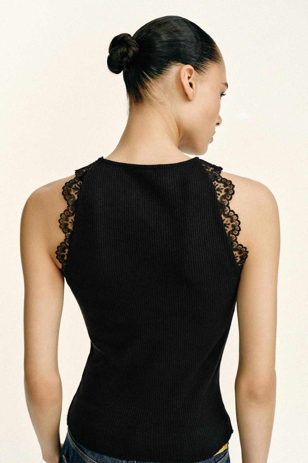 ZARA ТОП В РУБЧИК С КРУЖЕВОМ, ЧЕРНЫЙ