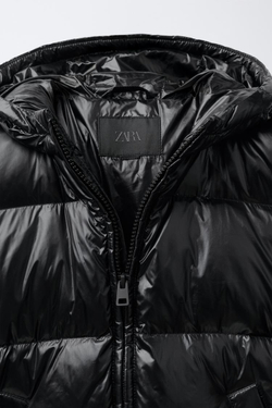 ZARA ПУХОВИК ИЗ ПЕРА И ПУХА С КАПЮШОНОМ WATER REPELLENT, ЧЕРНЫЙ