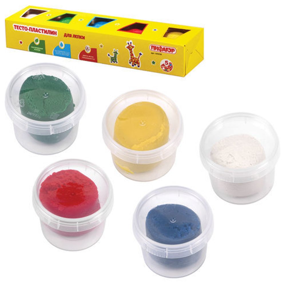 Пластилин на растительной основе (тесто для лепки) ПИФАГОР, 5 цветов, 450 г, картонный рукав, 104438