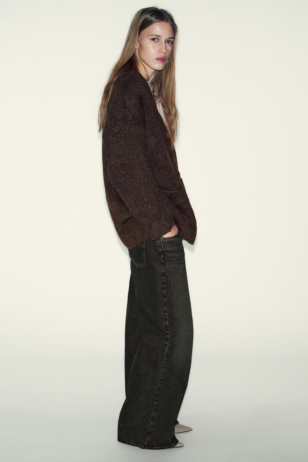 ZARA ЖАКЕТ ИЗ ТРИКОТАЖА С БЛЕСТЯЩЕЙ НИТЬЮ, КОРИЧНЕВЫЙ