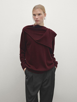 Massimo Dutti Свитер из 100% шерсти с шарфом, гранатовый