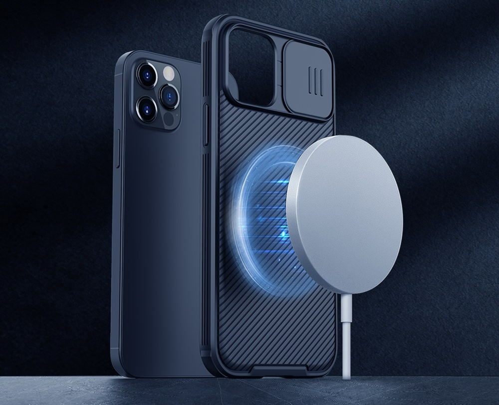 Чехол синего цвета от Nillkin c поддержкой магнитной зарядки MagSafe для iPhone 12 Pro Max, с защитной шторкой камеры, серия CamShield Pro Magnetic