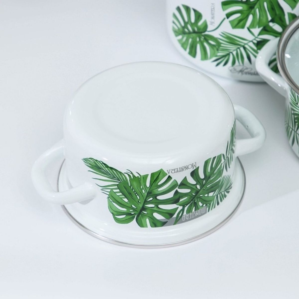 Набор эмалированной посуды 6 пр, кастрюли 1.5, 2.3, 5 л, Керчь, Монстера, бел