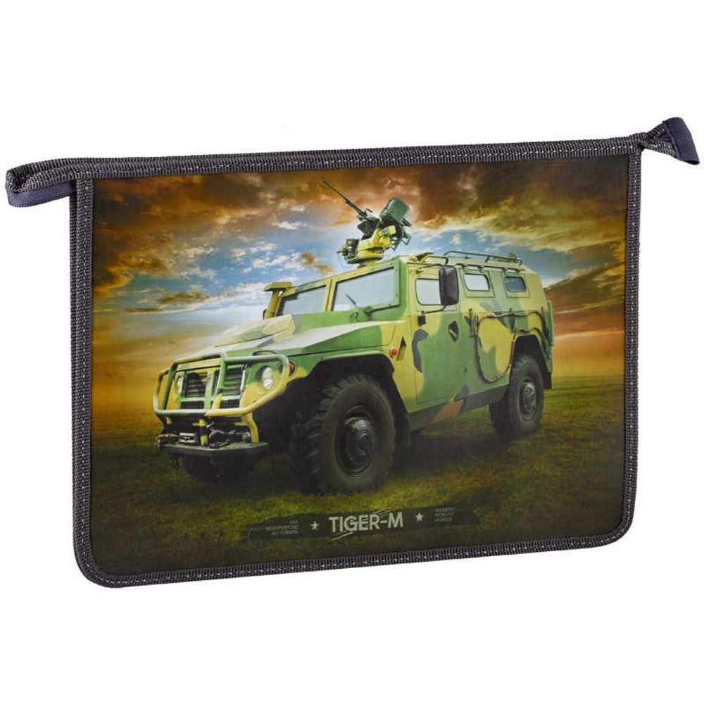 Папка для тетрадей 1 отделение А4 на молнии Спейс Военная техника, пластик- картон