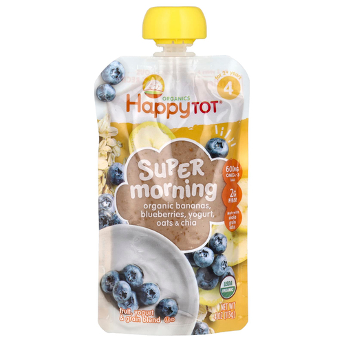 Happy Family Organics, Happy Tot®, Super Morning, для детей от 2 лет, органические бананы, голубика, йогурт, овес и чиа, 113 г (4 унции)