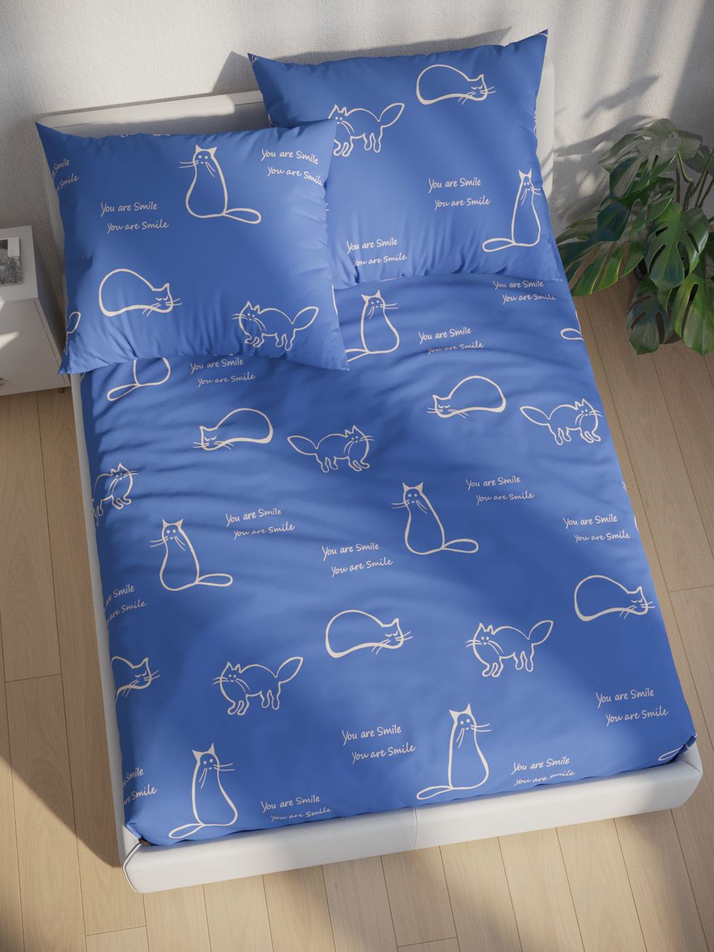 Постельное белье перкаль Сказка "Котики на сиреневом" 1,5-сп  Наволочка 50х70 см 1 шт Простынь на резинке 90x200 смПододеяльник 145x215 см