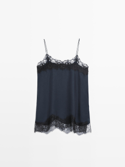 Massimo Dutti Топ в бельевом стиле с контрастной отделкой кружевом, темно-синий