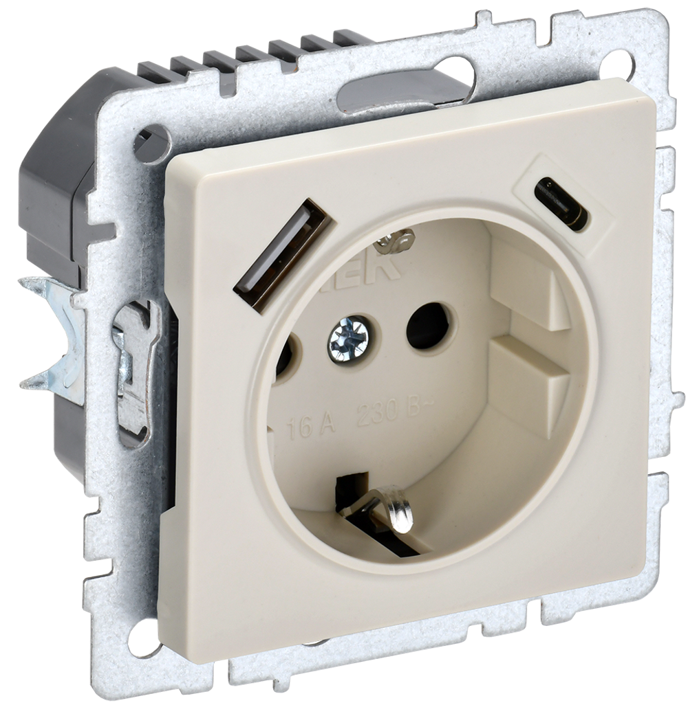 BRITE Розетка 1-местная с заземлением с защитными шторками 16А с USB A+C 18Вт РЮш11-1-БрКр бежевый IEK
