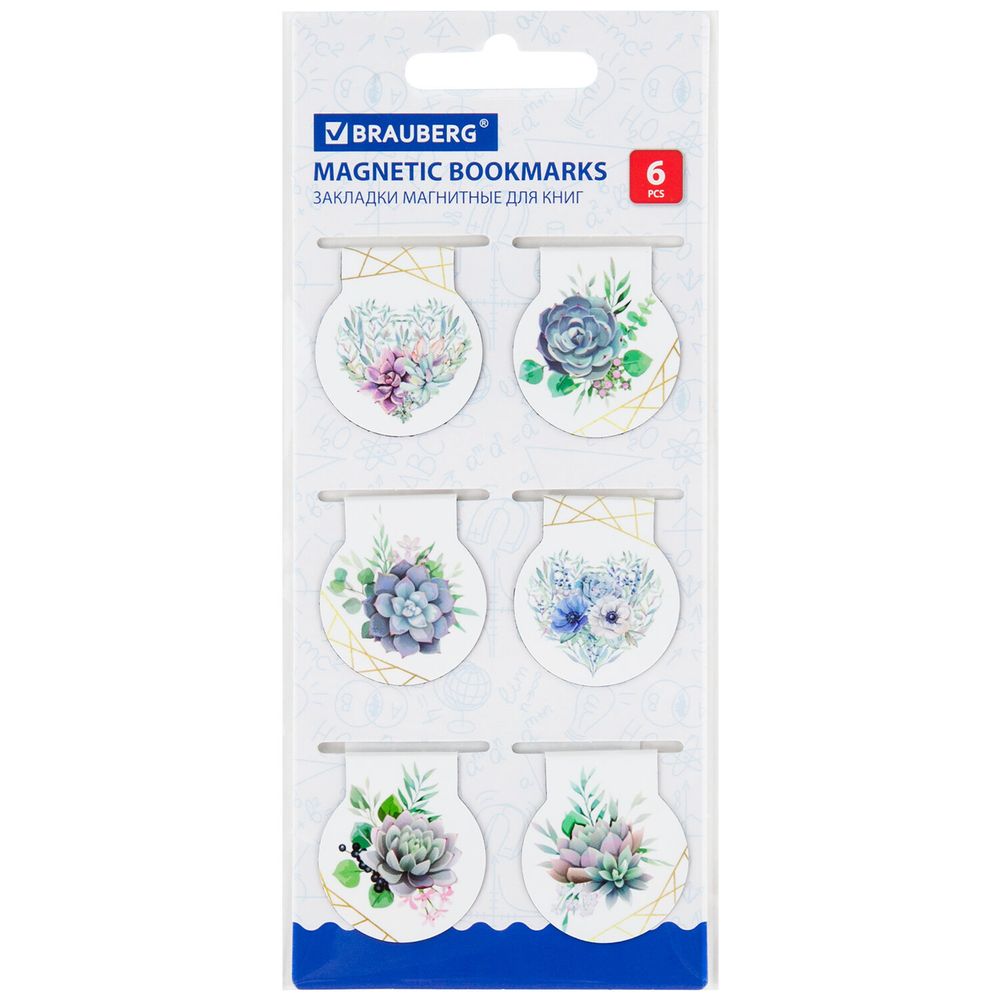Закладки для книг МАГНИТНЫЕ, "FLOWERS", набор 6 шт., 30х25 мм, BRAUBERG, 113168