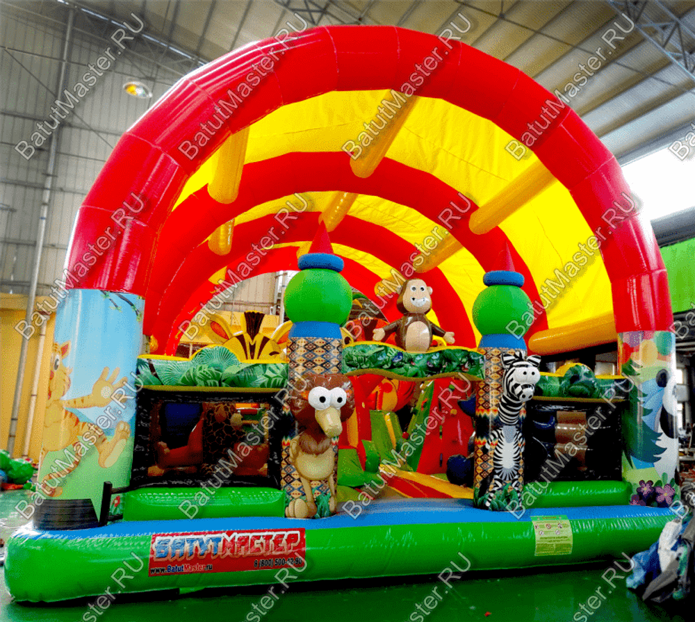 Надувной батут "Зверята с крышей 3" со скалодромом, 11*7*6 м