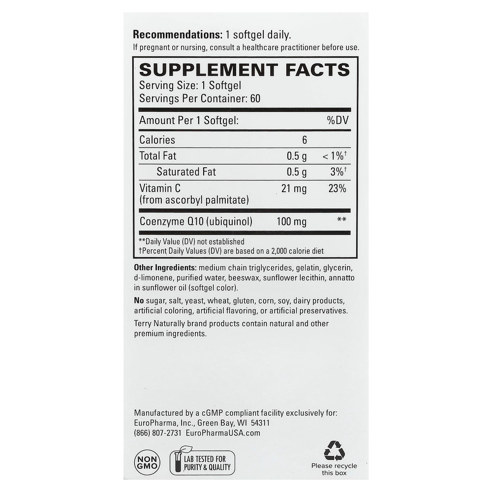 Terry Naturally, коэнзим Q10, биоактивный убихинол, 60 капсул