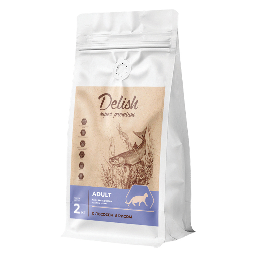 Сухой корм DELISH super premium для взрослых кошек с лососем и рисом - 2 кг