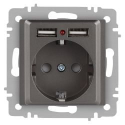 Розетка Intro Accent 6-410-09 с заземлением 2P+E Schuko со шторками 16А-250В + 2хUSB IP20 СУ титан | Intro