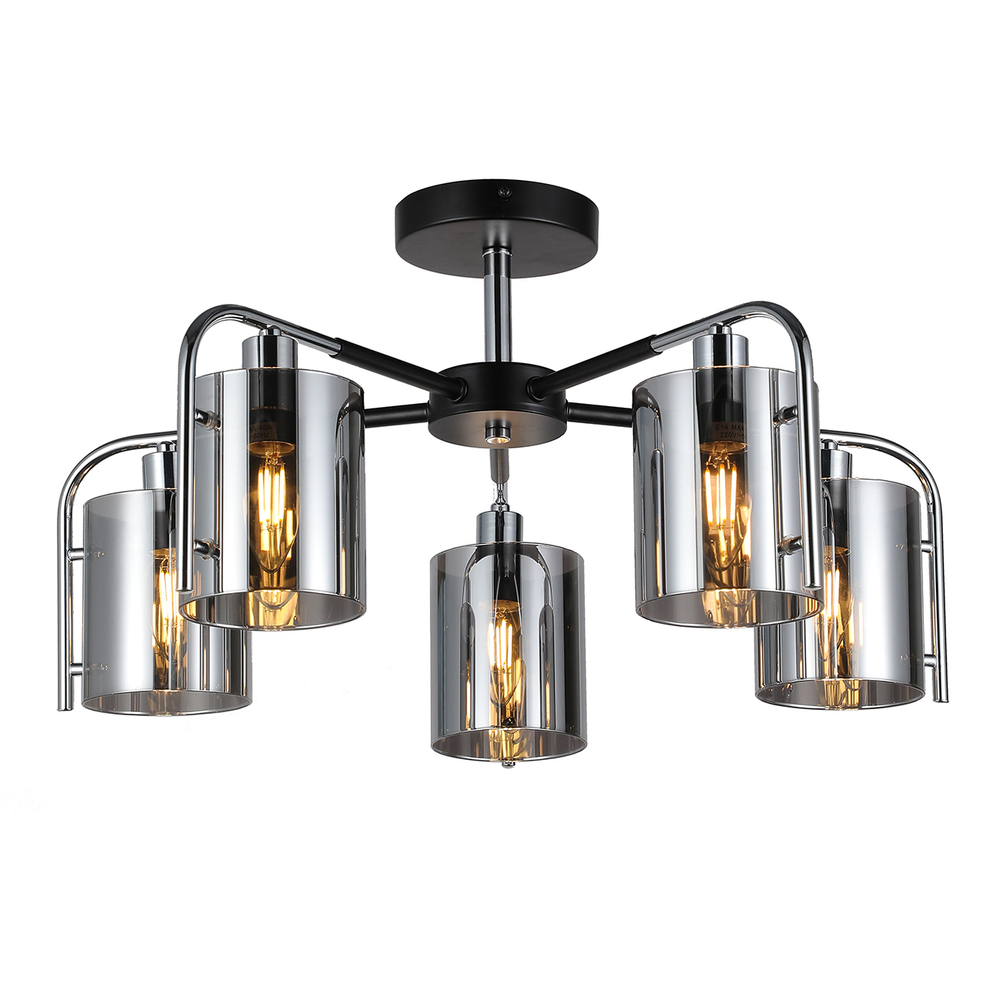Потолочный светильник 5x40Вт E14, металл/стекло, чёрный/хром/дымчатый плафон